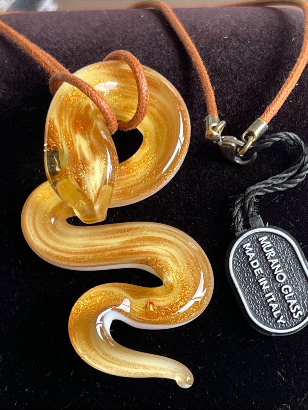 Vintage Venetiaurum Murano Glass Golden Glittering Serpent Snake Pendant NWT